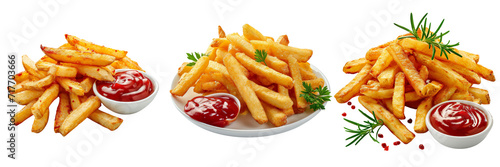French Fries with Ketchup Set Isolated on Transparent or White Background, PNG