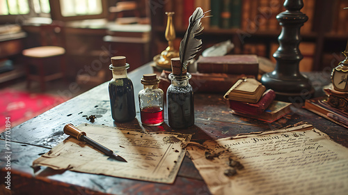 A collection of antique ink bottles and quills on an aged writing desk, symbolizing the art of expressing love through words. photo