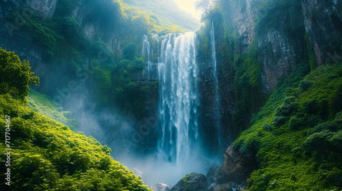 A majestic waterfall cascading down rocky cliffs  powerful  misty  lush  grand  breathtaking. DSLR  wide-angle lens  morning light  majestic