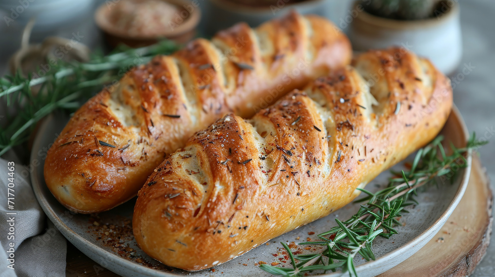 baguette freshly baked on a plate well decorated prodcut photo baguette freshly baked on a plate well decorated prodcut photo