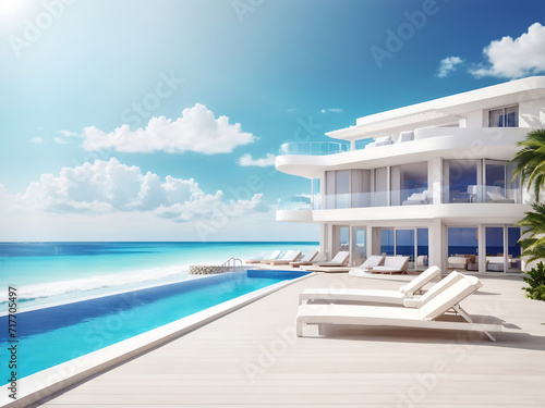 Sea view.A luxury modern white beach hotel with a swimming pool. Sunbed on sundeck for a vacation home or hotel designs.