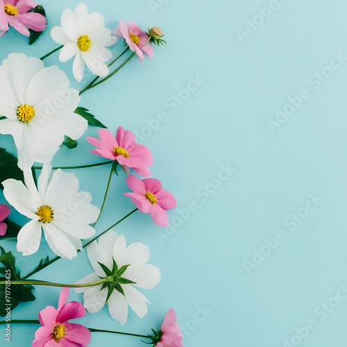 Banner with flowers on light blue background. Greeting card template