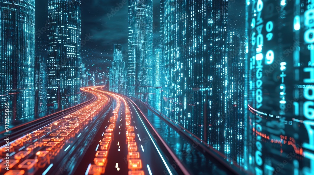 Obraz premium abstract highway path through digital binary towers in city