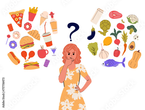 Girl in a yellow dress compares healthy and unhealthy foods in her head. Nutritionist. Vector illustration. Isolated.  Food difference.
Junk food. Burger, pizza, vegetables, meat, fish, soda, donuts