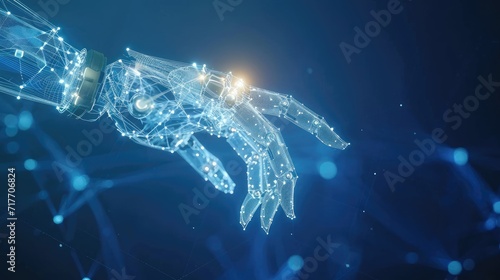 Robot hand touch wireframe light connection structure background