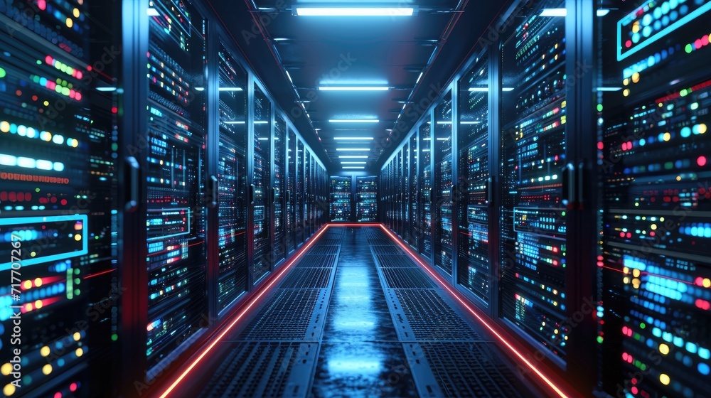 Modern Data Server Racks in Dark Room Technology Background