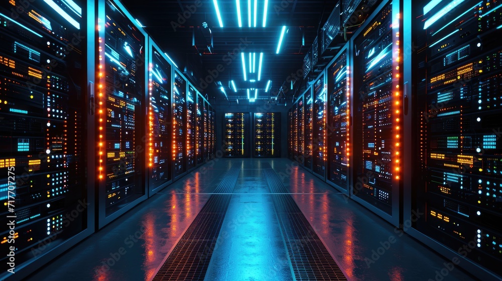 Modern Data Server Racks in Dark Room Technology Background Modern Data Server Racks in Dark Room Technology Background