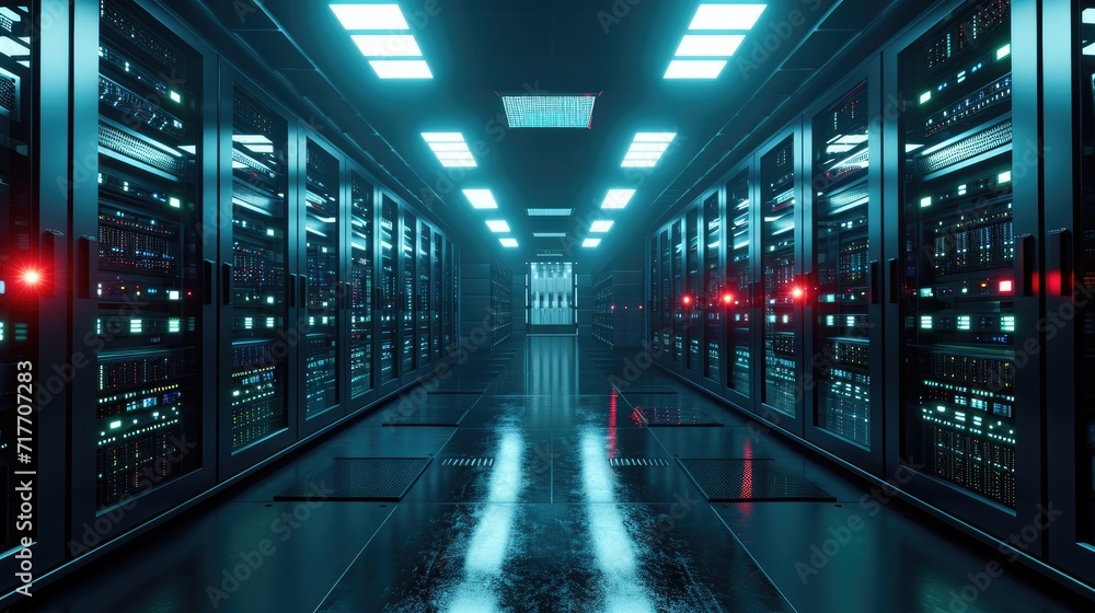 Modern Data Server Racks in Dark Room Technology Background Modern Data Server Racks in Dark Room Technology Background