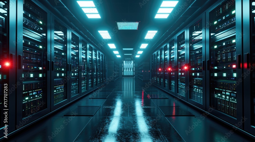 Modern Data Server Racks in Dark Room Technology Background