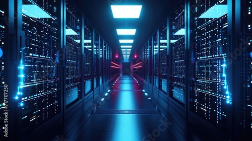 Modern Data Server Racks in Dark Room Technology Background