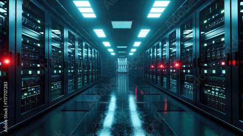 Modern Data Server Racks in Dark Room Technology Background