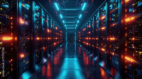 Modern Data Server Racks in Dark Room Technology Background © fledermausstudio