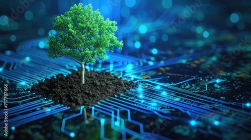 Tree with soil growing on the converging point of computer circuit board
