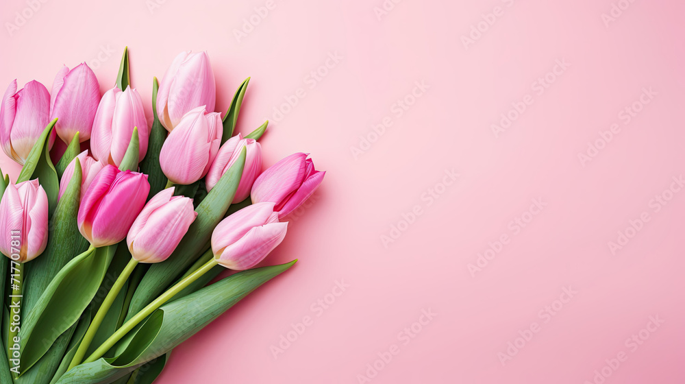 Pink Tulips Bouquet on Pink Background, Delicate and Beautiful Spring Flowers