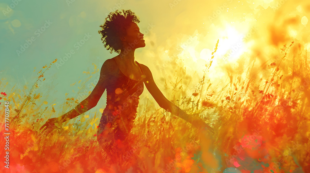 Naklejka premium Young black ethnicity woman, looking at the sky and run across the meadow. Illustration. Concept a celebration of general health.