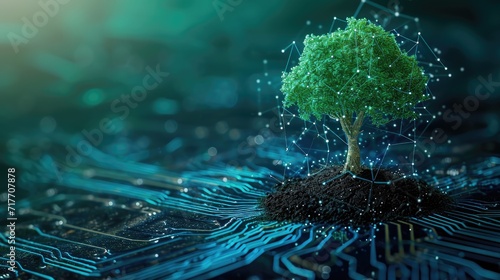 Tree with soil growing on the converging point of computer circuit board photo