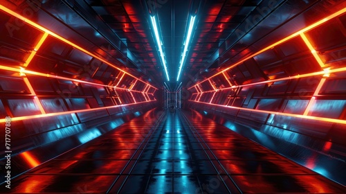 Fototapeta Naklejka Na Ścianę i Meble -  neon glowing lines in a dark tunnel technology background