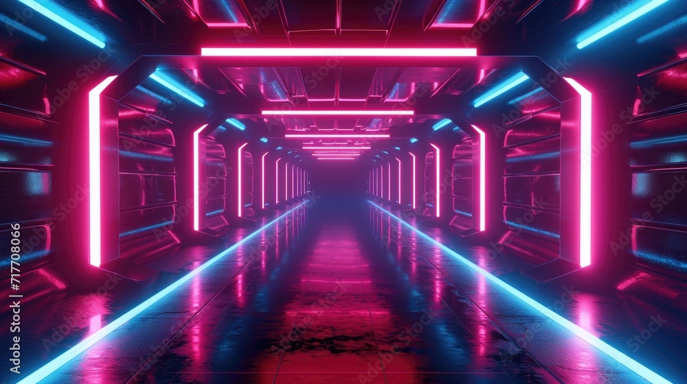 neon glowing lines in a dark tunnel technology background