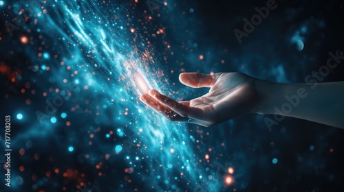 Woman hand touching The metaverse technology background