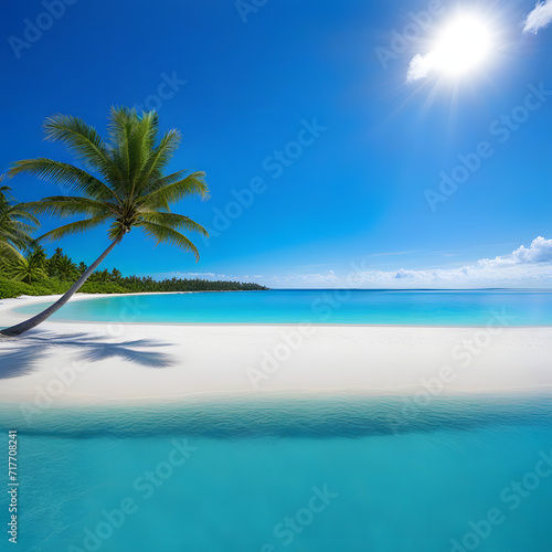 A tropical beach with white sand  palm trees  and turquoise water. The sun is shining and the sky is blue
