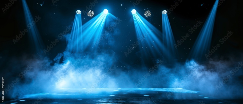 stage, blue smoke beam lights, dynamic blue vector spotlight, striking visual impact