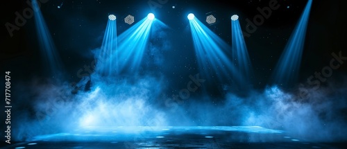 stage, blue smoke beam lights, dynamic blue vector spotlight, striking visual impact