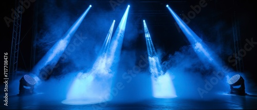 stage, blue smoke beam lights, dynamic blue vector spotlight, striking visual impact