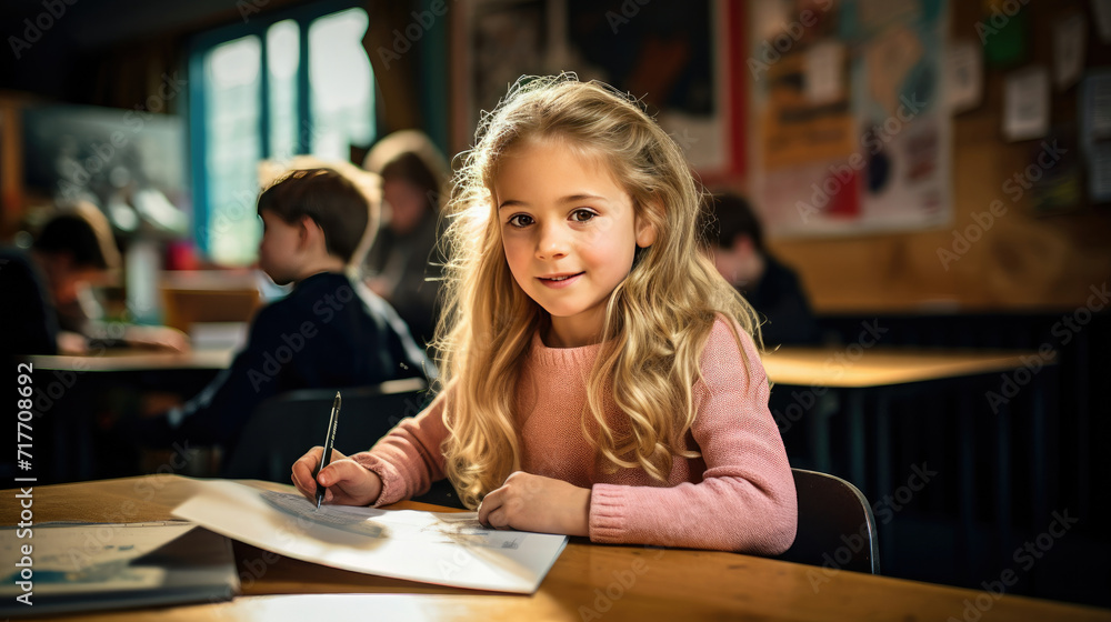 Little Girl Concentratedly Writing at Desk on a Piece of Paper Little Girl Concentratedly Writing at Desk on a Piece of Paper