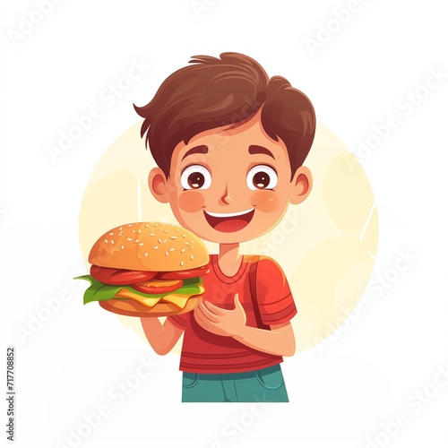 Child boy eat burger. Harmful snack, fast food. Unhealthy food. Cartoon ai