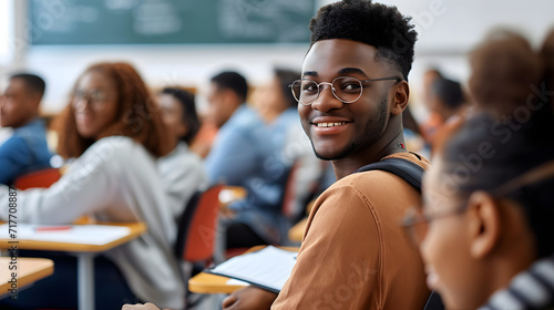 Happy black university student attending lecture in classroom and looking at camera. photo