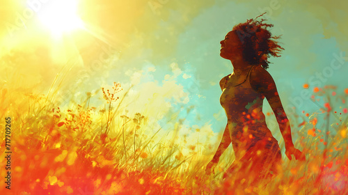 Young black ethnicity woman, looking at the sky and run across the meadow. Illustration. Concept a celebration of general health.