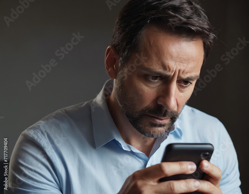 Shocked man stares intently at his phone, discovering he is a victim of cybercrime. Generative AI.
