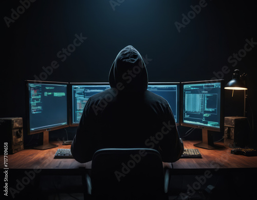 Rear view of hacker in black hoodie in darkened room. Cybersecurity, cybercrime. Generative AI.