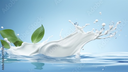 Splash of cosmetic cream skincare and green leaves on a light blue background. The concept of green cosmetics, organic natural facial cream, cosmetics with marin algae seaweed  and beauty industry