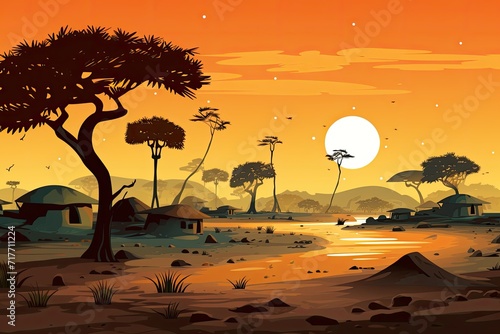 village with mud houses landscape at sunset illustration