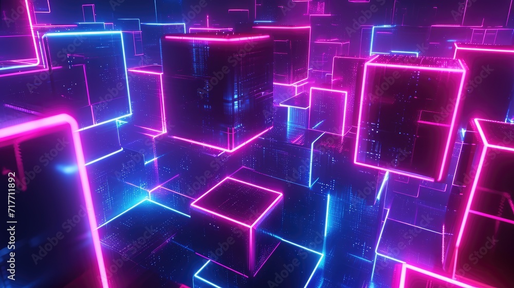 neon glowing digital cyber cube background neon glowing digital cyber cube background