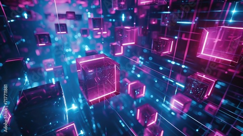 neon glowing digital cyber cube background photo