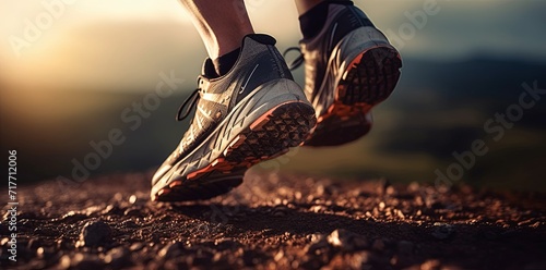 a runner's feet in shoes running down a hill, in the style of bokeh panorama © EnelEva