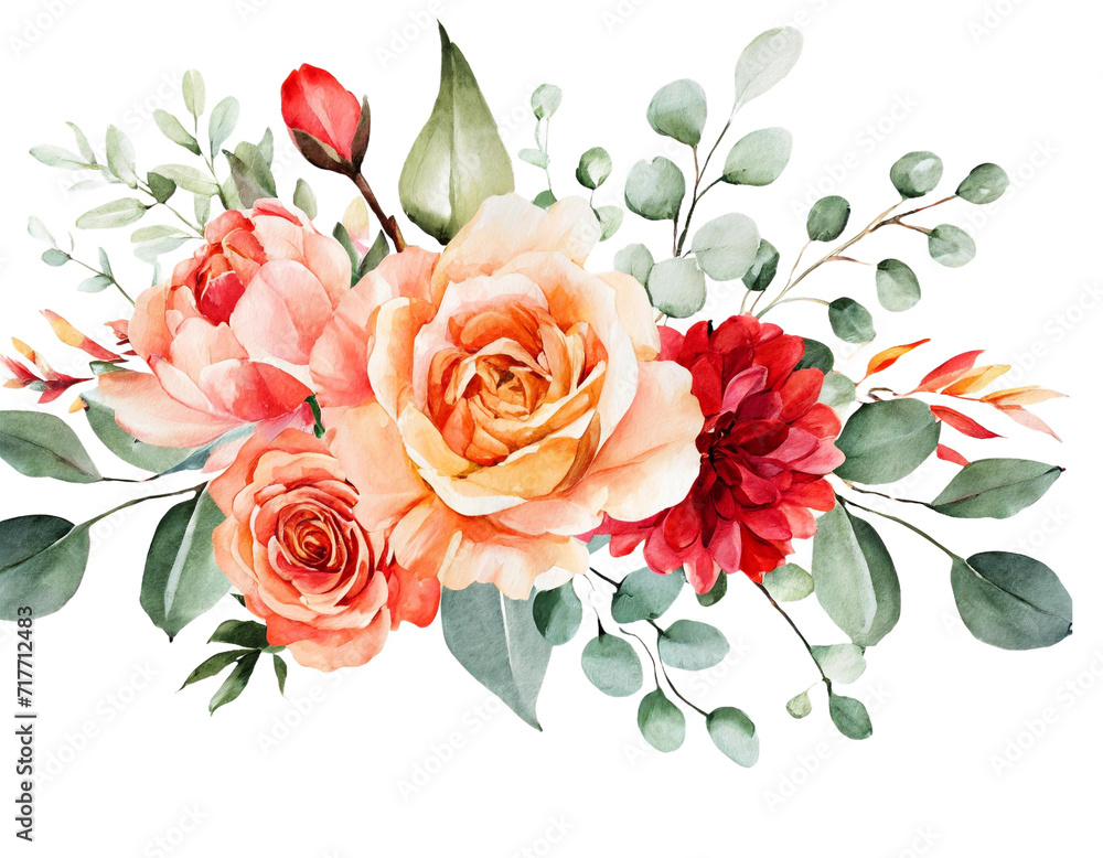 Watercolor floral illustration. Orange flowers eucalyptus greenery bouquet. Red roses, peach peony border, wreath, frame. Perfect for wedding invitation, stationary, greetings, fashion design