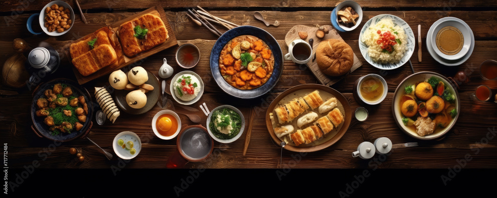 Assorted oriental traditional food. top view. panorama photo Assorted oriental traditional food. top view. panorama photo