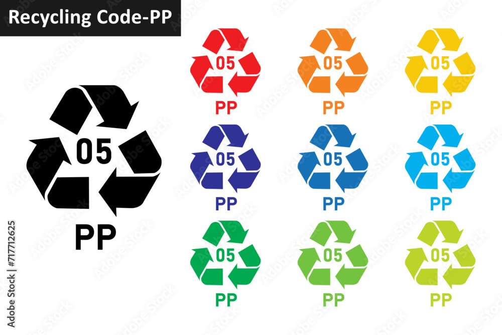 PP plastic recycling code icon set. Mobius Strip Plastic recycling symbol 05 PP. Plastic recycling code 05 icon collection in ten colors. Set of plastic recycling code symbol icon 05 PP. PP plastic recycling code icon set. Mobius Strip Plastic recycling symbol 05 PP. Plastic recycling code 05 icon collection in ten colors. Set of plastic recycling code symbol icon 05 PP.