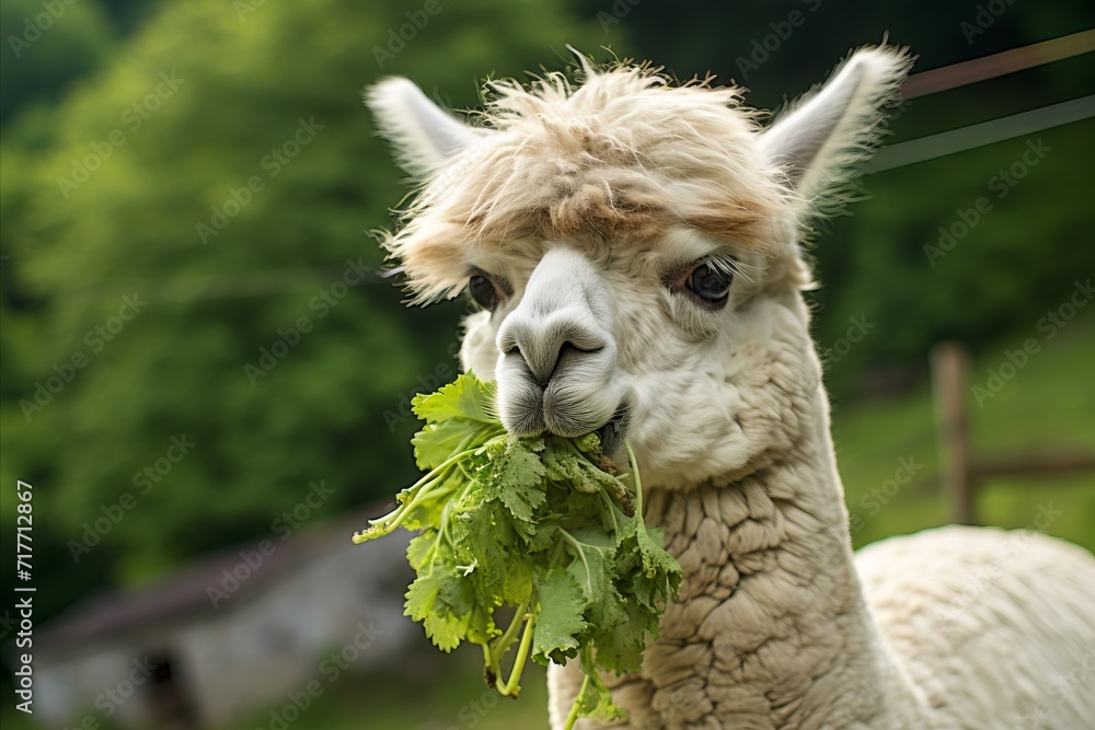 Obraz premium Adorable fluffy alpaca grazing on fresh green grass in a peaceful meadow