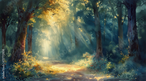Watercolor style illustration of an enchanted forest