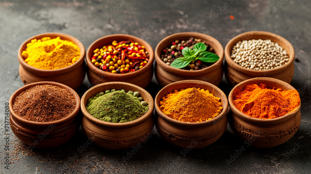 Various Indian spices on the table. Selective focus.