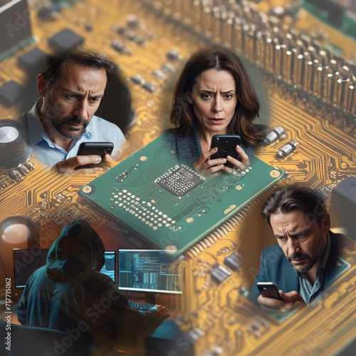 Composite of computer hacker and victims overlaid by an electronic circuit board. Generative AI.