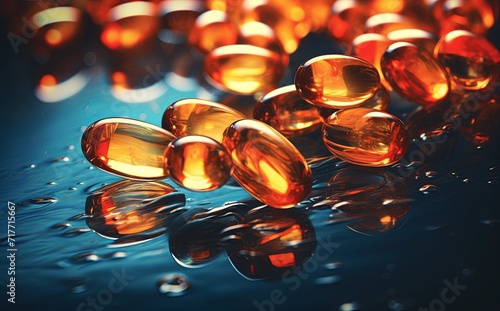 a picture of pills floating up on water with droplets of a iridescence, in the style of light amber and azure © EnelEva
