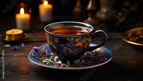 Title cup of herbal tea with assorted herbs and spices, natural remedy and wellness concept