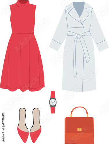 fashionable women's set with dress clothes in flat style, vector
