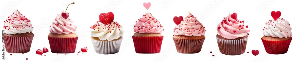 Set of Cupcake theme pink with hearts cherry cutout on transparent background. Valentine's day-wedding. advertisement. product presentation. banner, poster, card, t shirt, sticker.