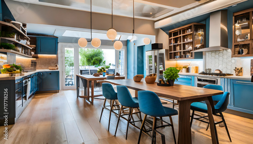 Modern kitchen and dining room interior at home. Generative AI. © hanifa